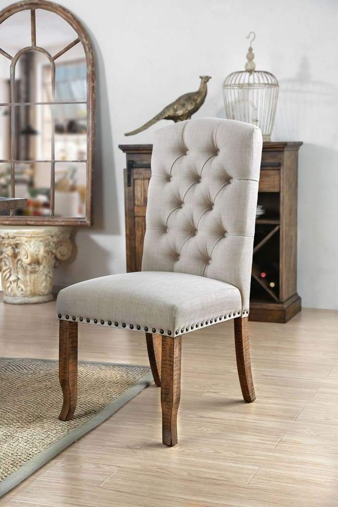Side Chair Set of 2 | Button Tufted Fabric | Cream Brown