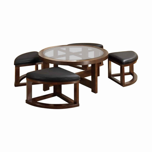 Gracious Round Wooden Coffee Table With Stylish Wedge Shaped 4 Ottomans By Casagear Home