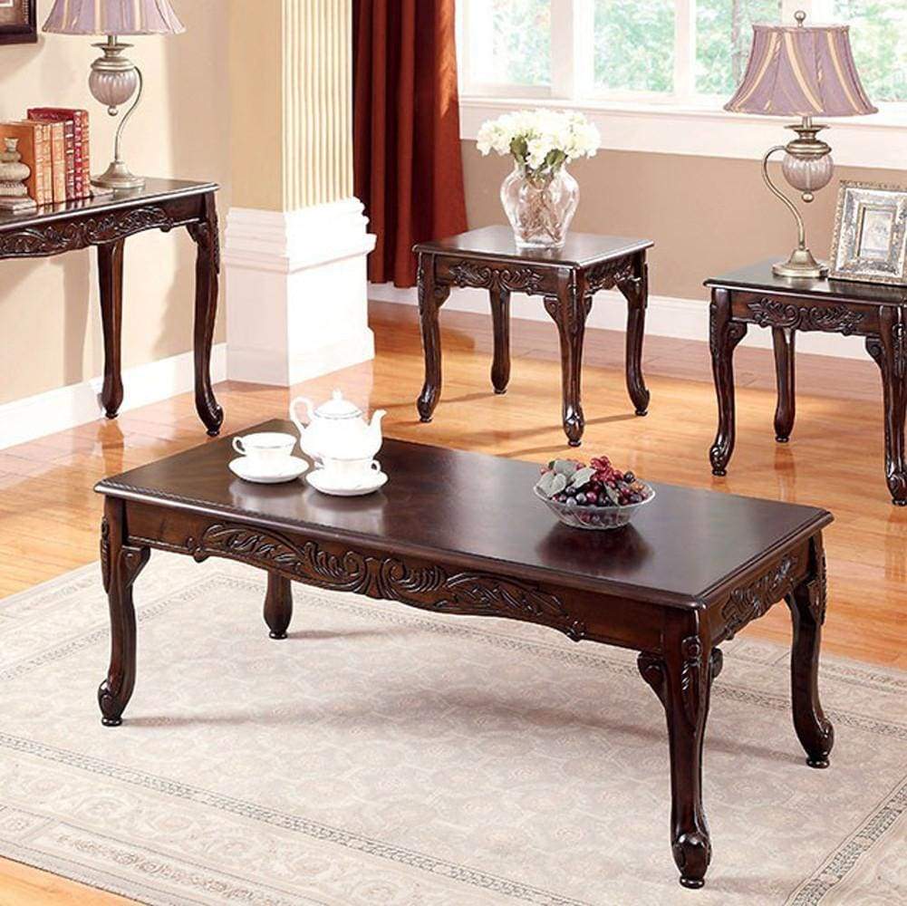 3 Piece Living Room Table Set | Engraved Details | Cherry Brown Finish