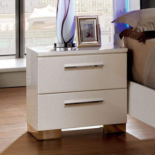 Nightstand | 2 Drawer | Metal Pull Handles | Glossy White