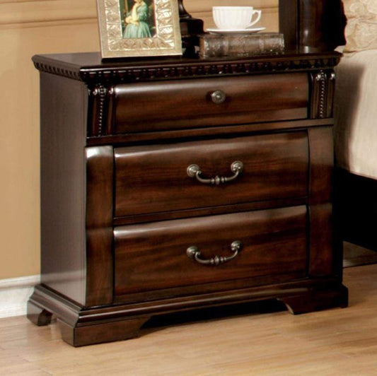3 Drawer Wooden Nightstand with Metal Handles and Carved Details, Brown By The Urban Port