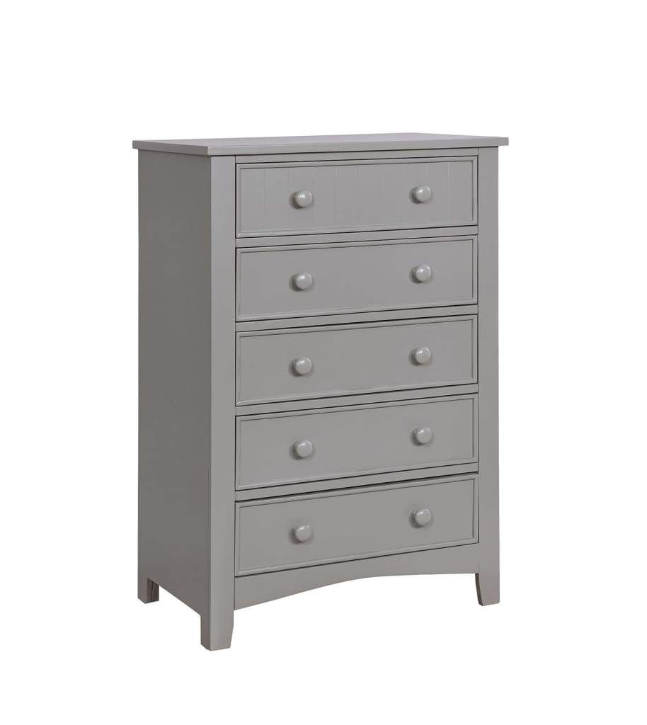 Tall Dresser Chest | 5 Drawer | Solid Wood | Round Knob Pull | Gray Finish