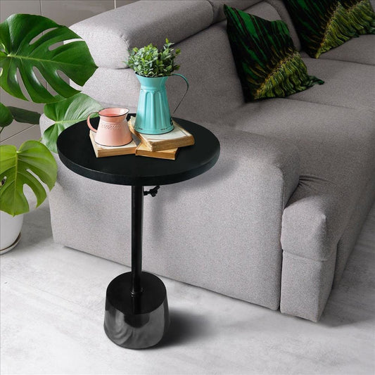 Toki Aluminum Frame Round Side Table with Marble Top and Adjustable Height, Black By Casagear Home
