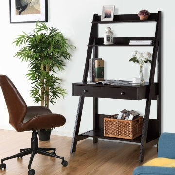 61 Inch Wooden Ladder Desk, 3 Shelves, 1 Drawer, Dark Brown By Casagear Home