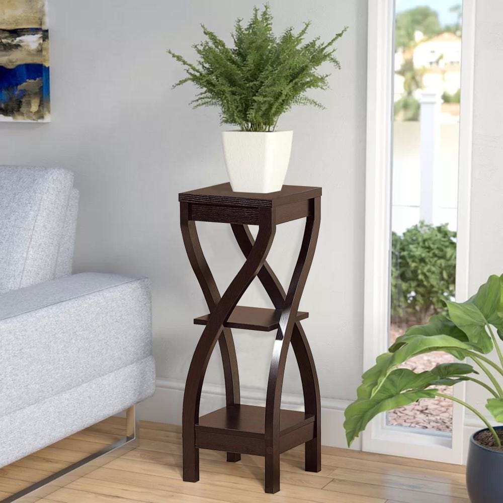 Vea Square Top Wooden Plant Stand with Curved Legs and Shelves, Large, Dark Brown By Casagear Home