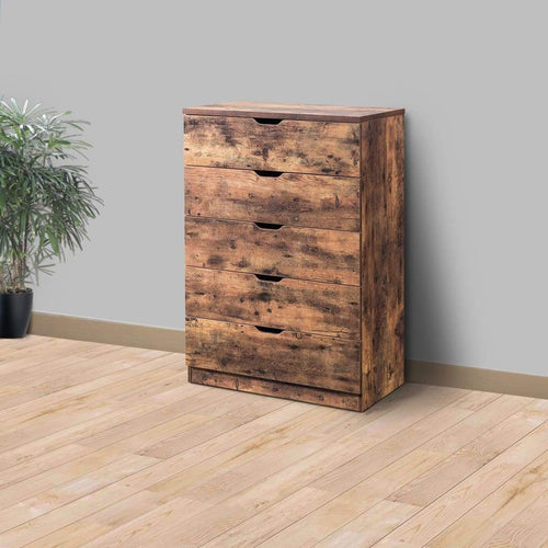 Utility Tall Dresser Chest | 5 Drawer | Metal Glides | Wood Frame | Brown