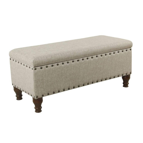 Storage Bench | Textured Fabric | Nailhead Trim | Beige Brown | Large