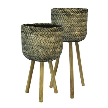 Basket Shape Bamboo Planters on Flared Wooden Stand, Rustic Brown, Set Of Two By Casagear Home