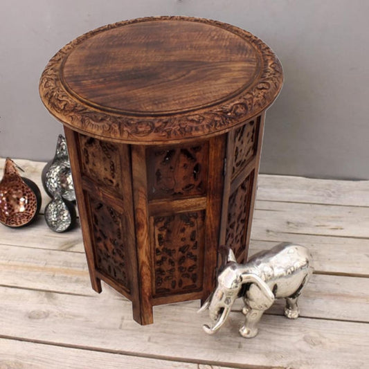 18 Inch Mango Wood Folding Accent Table, Handcarved, Walnut Brown  By The Urban Port