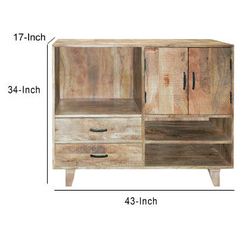 43 Inch Handcrafted Farmhouse Mango Wood Storage Buffet Cabinet with 2 Drawers Rustic Brown By The Urban Port UPT-197306