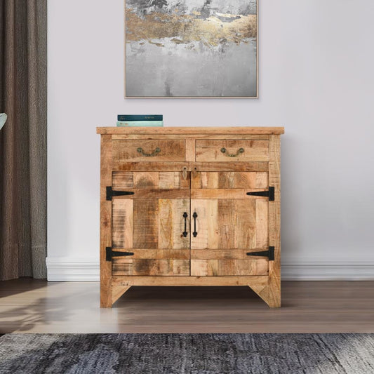 39 Inch Artisanal Farmhouse Style 2 Drawer Mango Wood Cabinet Console with 2 Door Storage, Rustic Brown By The Urban Port