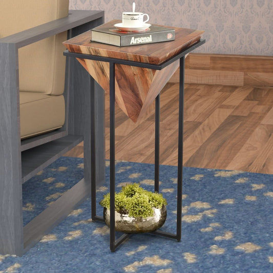 Ida 30 Inch Pyramid Shape Wooden Side Table With Cross Metal Base, Brown and Black By The Urban Port