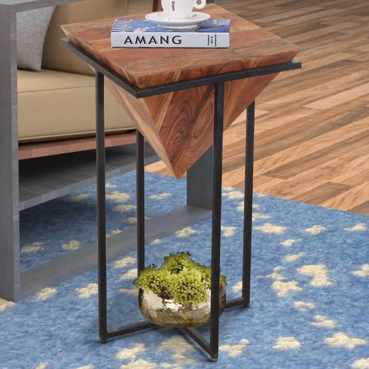 Ida 26 Inch Pyramid Shape Wooden Side Table With Cross Metal Base, Brown and Black By The Urban Port
