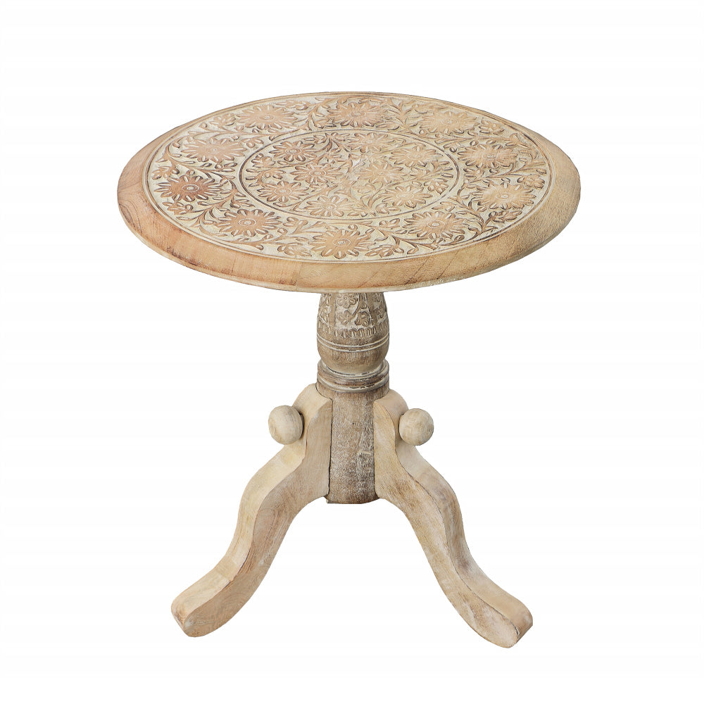 Intricately Carved Round Top Mango Wood Side End Table with Pedestal Base Brown and White By The Urban Port UPT-209567