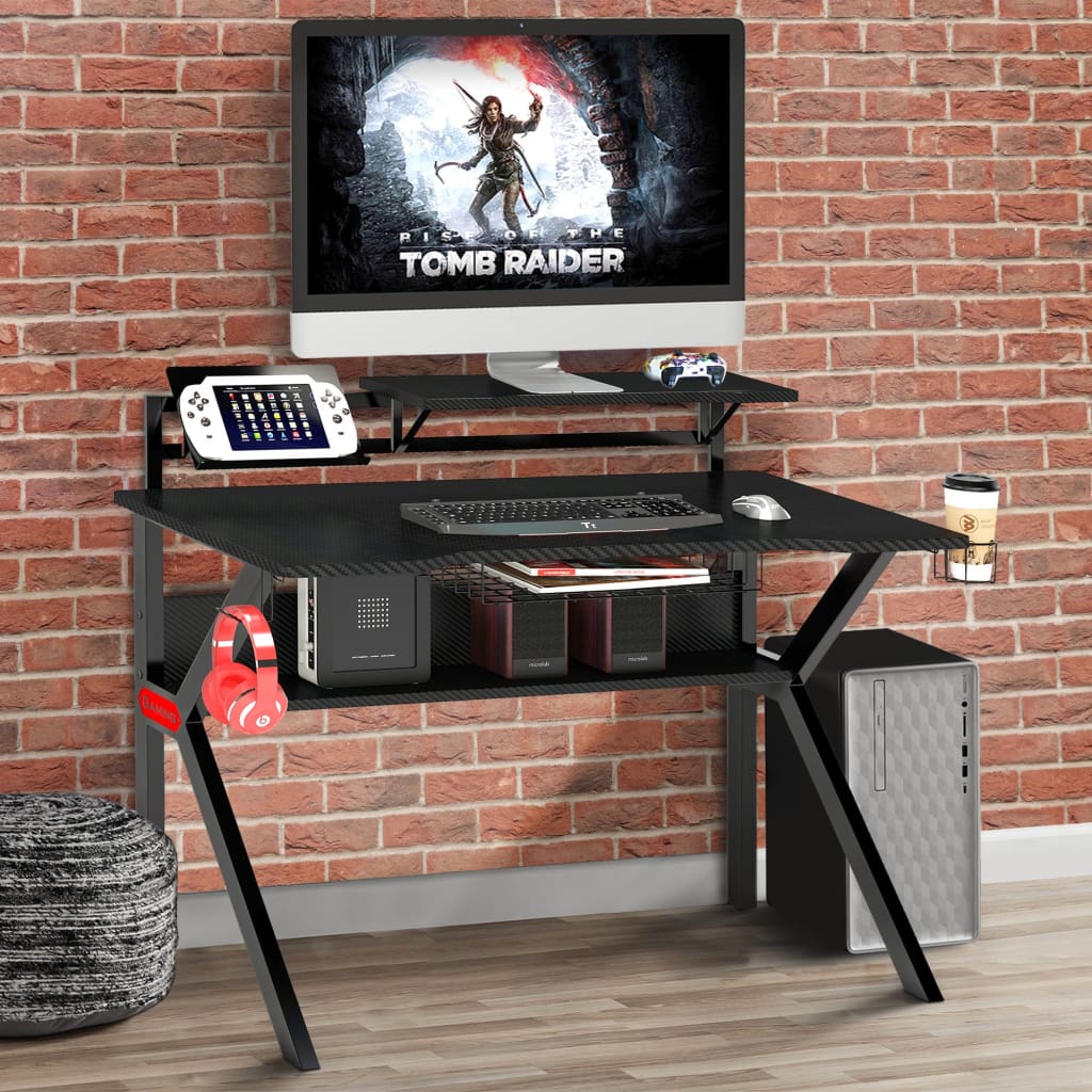 Buy 54 Inch Rectangular Gaming Desk with 2 Shelves and K Shape Leg Support,  Black From Casagear