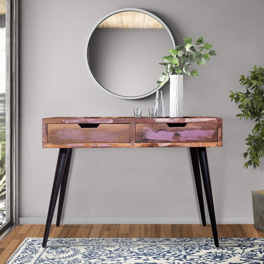 43 Inch 2 Drawer Reclaimed Wood Console Table, Angled Legs, Multi Tone Pastel Accent, Brown, Black By The Urban Port