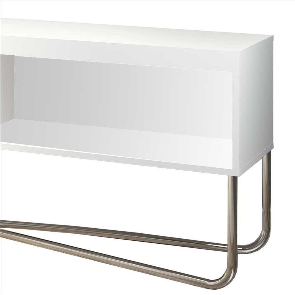 53 Inch TV Stand with 2 Open Compartments and Tubular Metal Frame White and Chrome By The Urban Port UPT-238274