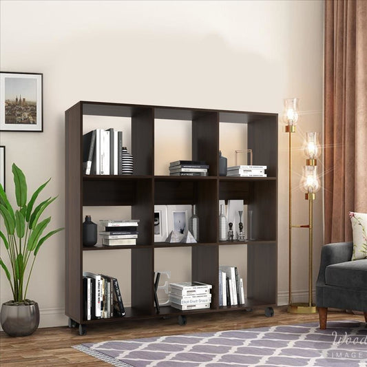 52.6 Inch Wooden Bookcase with 9 Open Compartments and Casters, Walnut Brown By The Urban Port