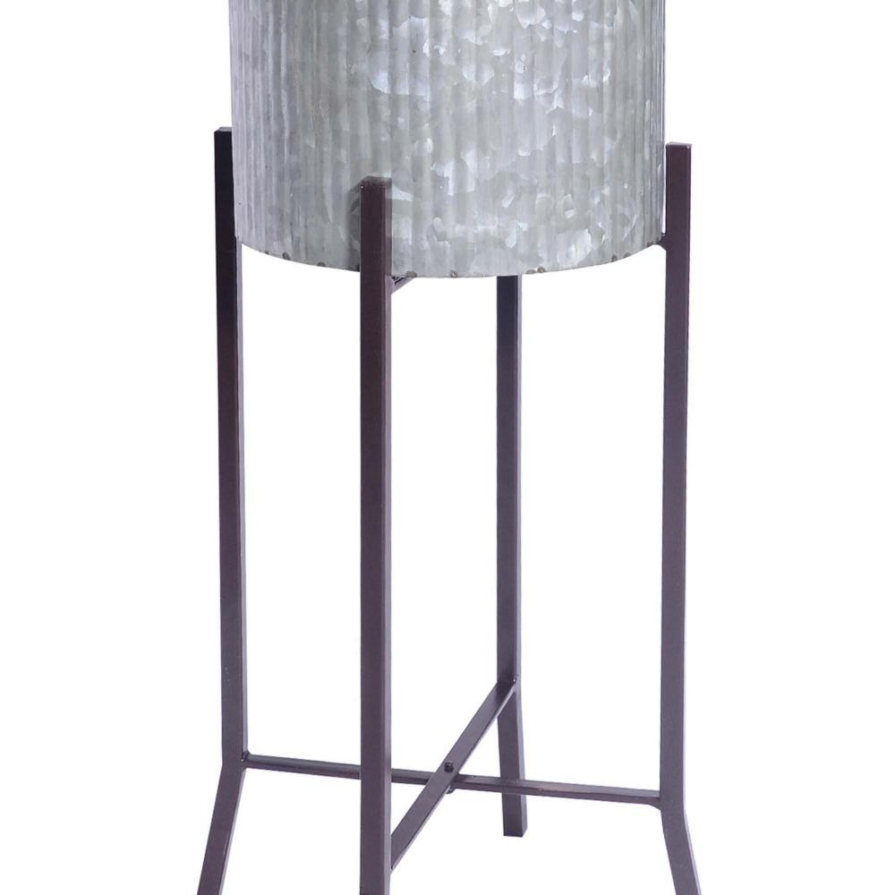 Galvanized Plant Stand with Corrugated Design and Metal Frame Set of 2 Antique Silver By The Urban Port UPT-248045