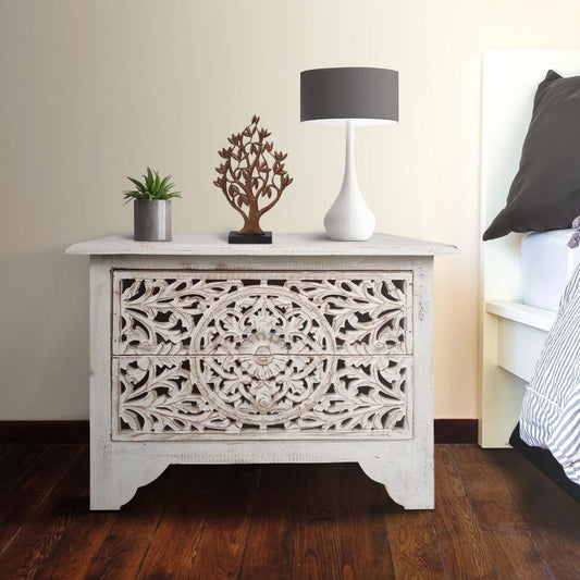 Olta 24 Inch Handcrafted Mango Wood Nightstand Side Table, 2 Drawers, Floral Carved Cut Out Design, Antique White By The Urban Port
