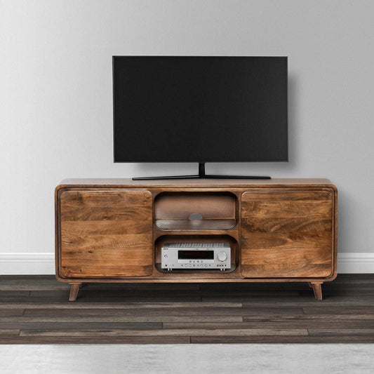 55 Inch TV Media Entertainment Center Console, Mango Wood, 2 Doors, Warm Brown By The Urban Port