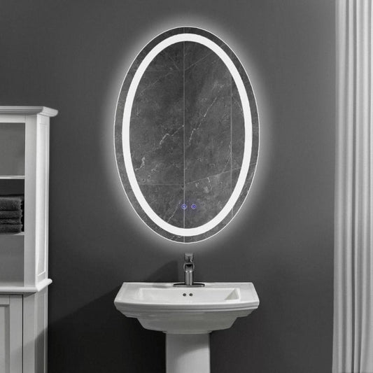 24 x 36 Inch Oval Frameless LED Illuminated Bathroom Mirror, Touch Button Defogger, Metal, Frosted Edge, Silver By The Urban Port