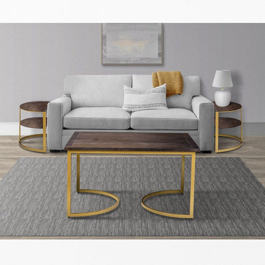 38 Inch Rectangle Nesting Coffee Table - 3 pcs set, Dark Brown Wood, Gold Finish Metal By The Urban Port