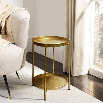 20 Inch High Round Side End Table with 2 Tier Iron Frame, Matte Gold By The Urban Port