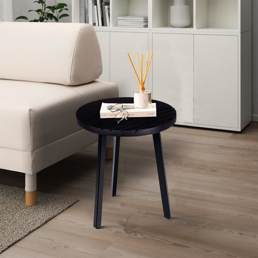 18 Inch Round Mango Wood Side End Table, Grooved Design, Metal Legs, Black By The Urban Port