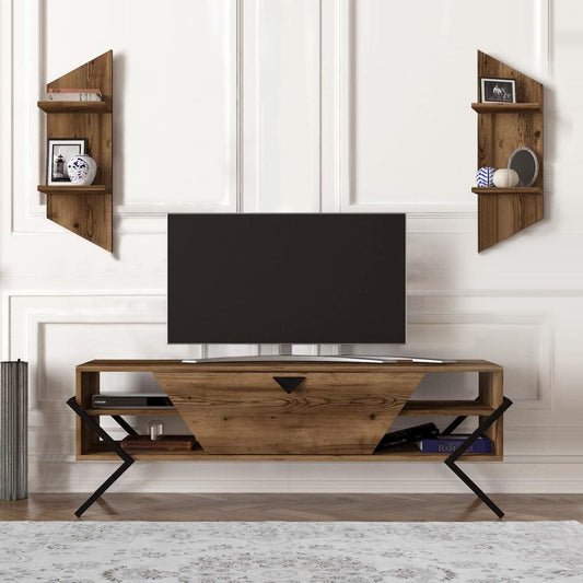 55 Inch Wood TV Console Entertainment Center, 1 Drop Down Door, 2 Wall Shelves, Walnut, Black By The Urban Port