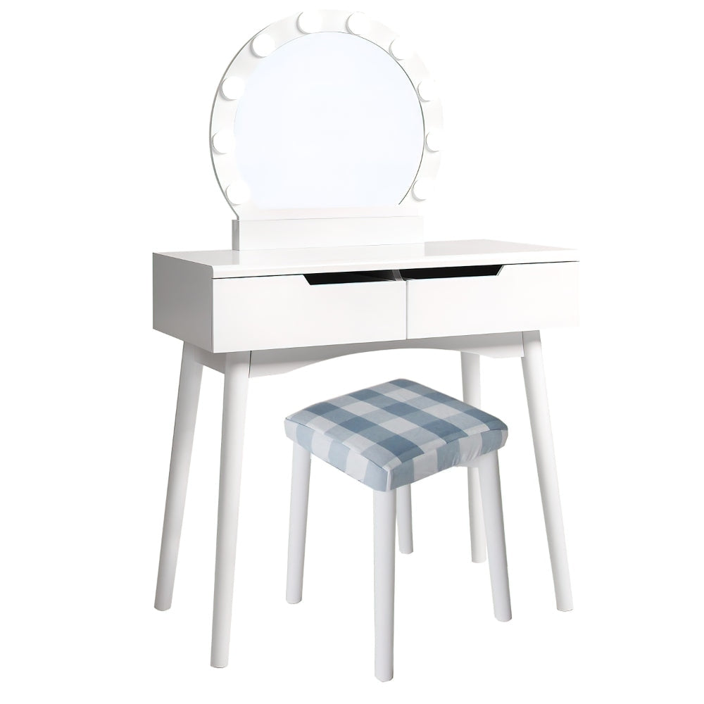 32 Inch 2 Piece Vanity Dressing Table Set with LED Mirror 2 Drawers and a Cushioned Stool White Solid Wood By The Urban Port UPT-272879