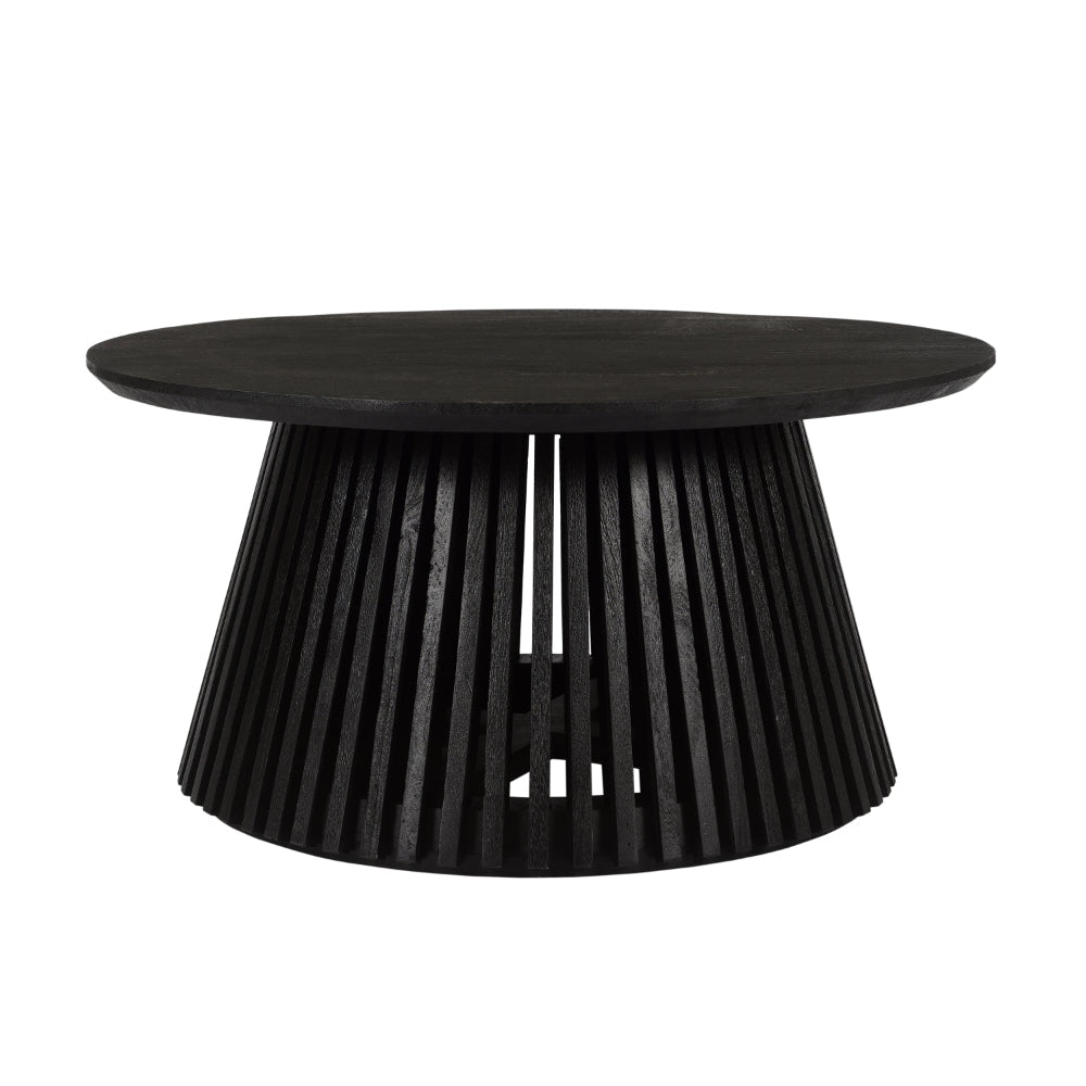 Ridge 32 Inch Handcrafted Round Coffee Table Mango Wood Slatted Flared Base Black By The Urban Port UPT-276558