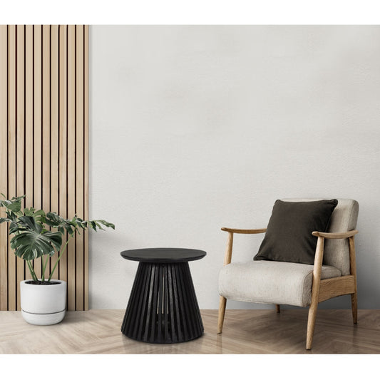 Ridge 20 Inch Handcrafted Mango Wood Round End Side Table, Slatted Flared Base, Black By The Urban Port