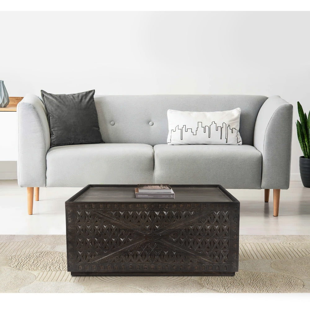 38 Inch Handcrafted Mango Wood Square Coffee Table Artisanal Carved Mesh Base Black By The Urban Port UPT-276562