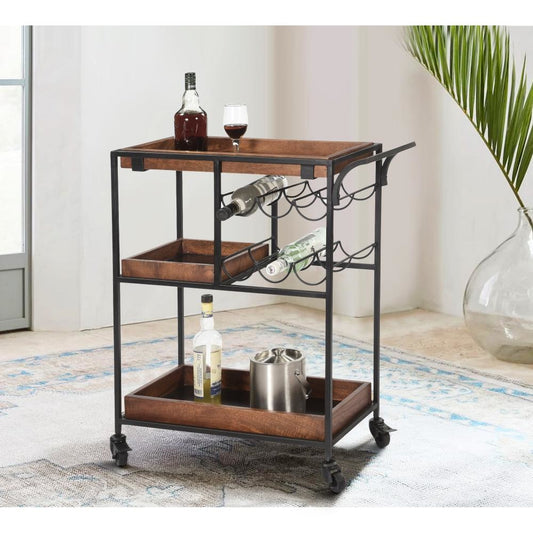30 Inch Handcrafted Mango Wood Bar Serving Cart with Caster Wheels, 6 Bottle Holders, Tray Shelves, Brown and Black By The Urban Port