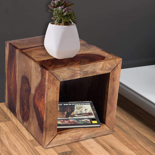 16 Inch Cube Shape End Side Table, Rosewood Frame, Open Shelf, Natural Brown By The Urban Port