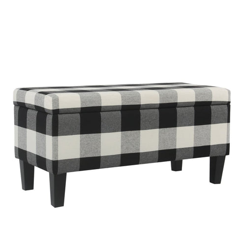 Storage Bench | Checkered Pattern Fabric | Tapered Legs | Black White | Large