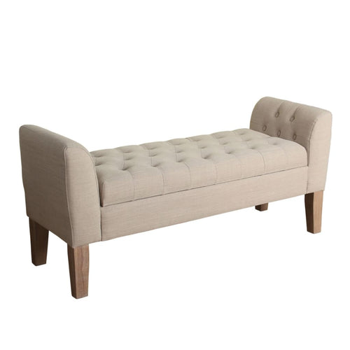 Bench | Button Tufted Seat | Lift Top Storage | Beige Upholstery