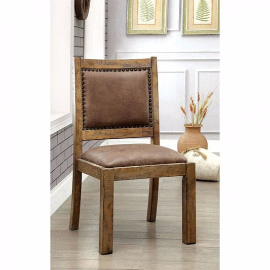Rustic Wood Dining Chair, Vegan Faux Leather, Nailhead Trim, Set of 2,Brown By Casagear Home