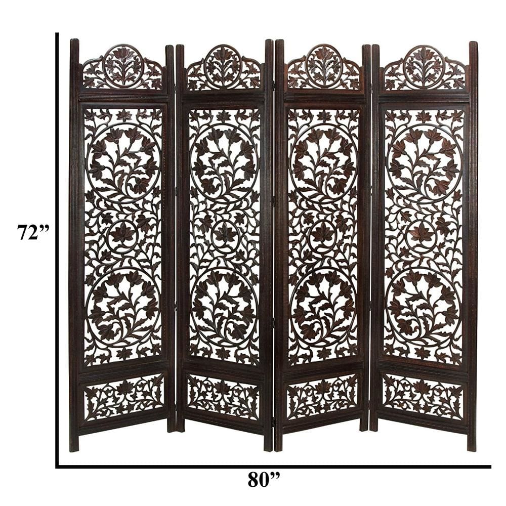 Handcrafted Wooden 4 Panel Room Divider Screen Featuring Lotus Pattern-Reversible-Brown UPT-176789