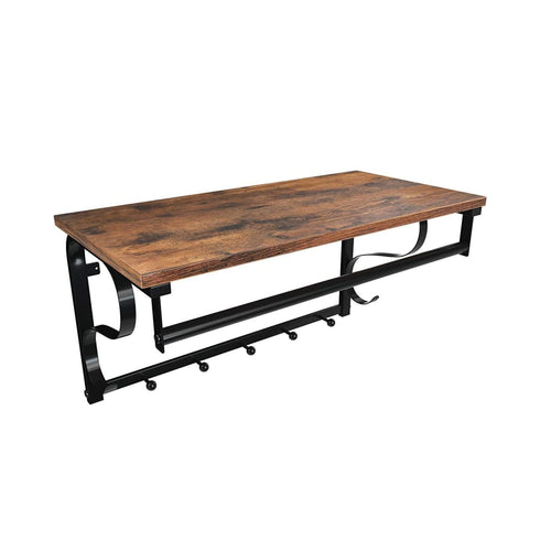 Coat Rack | Wall Mounted | Iron Frame | Shelf & Hanging Rail | Brown & Black