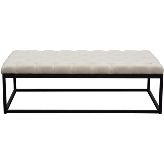 Linen Upholstered Button Tufted Bench with Open Metal Base, Large, Beige and Black - BM190838