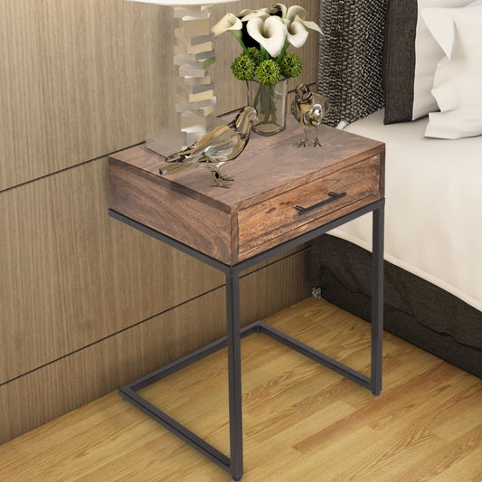 Evie Mango Wood Side Table with Drawer and Cantilever Iron Base, Brown and Black The Urban Port