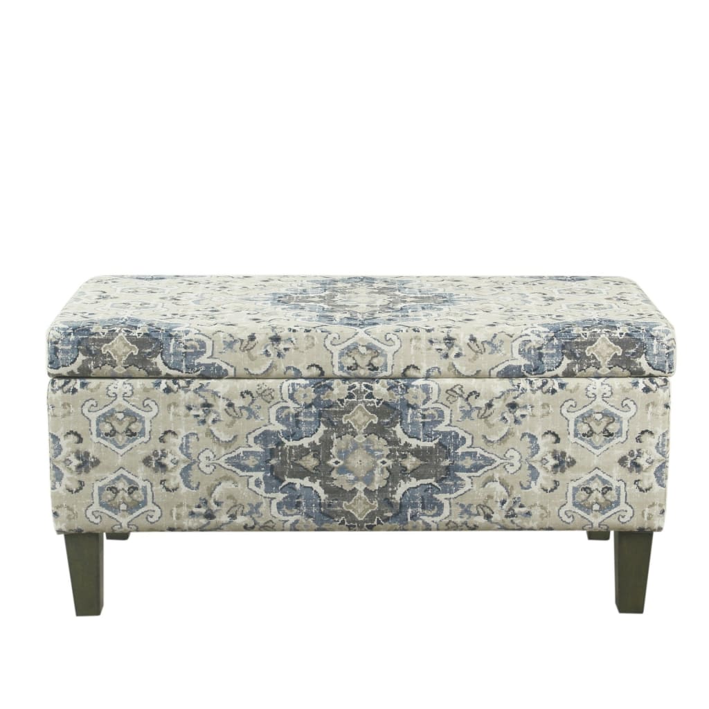 Storage Bench | Medallion Print Fabric | Hinged Top | Blue Cream | Large
