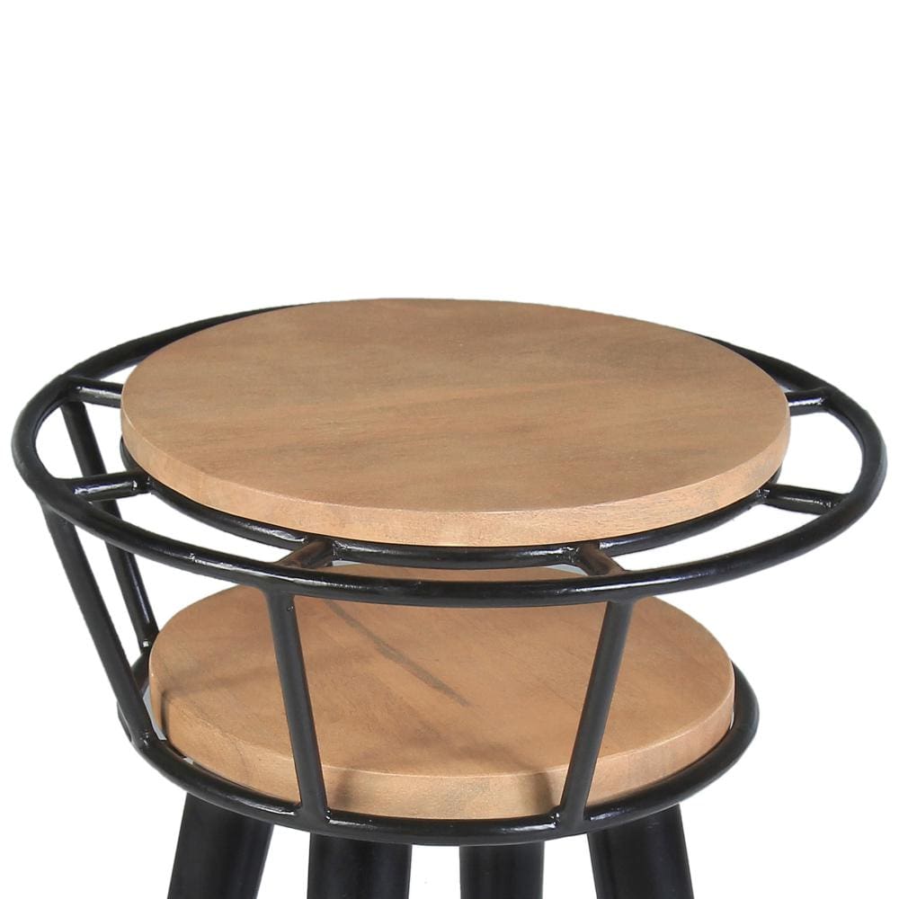 Industrial End Table with 2 Tier Round Wooden Shelving and Metal Frame White Oak and Black By The Urban Port UPT-263764