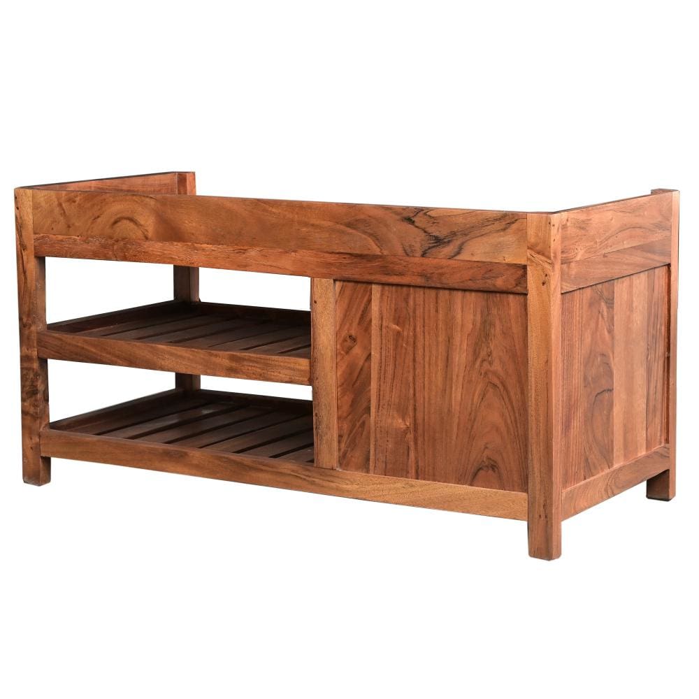Entryway Bench with Wooden Seat and 2 Slatted Shelves Brown By The Urban Port UPT-263769