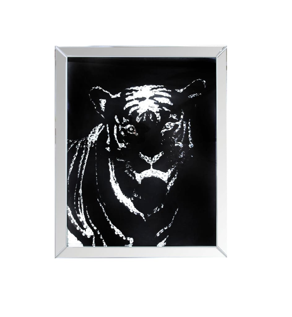 Rectangular Mirror framed Tiger Wall Decor With Crystal Inlays, Black & Silver - AMF-97319