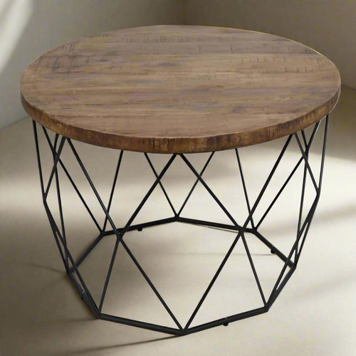 Coffee Table | Round Wood Top | Geometric Iron Base | Black Brown