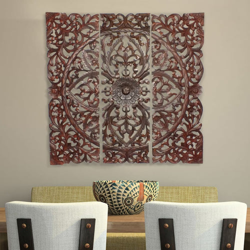 Three Piece Wooden Wall Panel Set with Traditional Scrollwork and Floral Details, Brown By Casagear Home