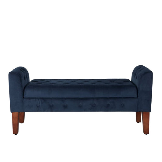 Velvet Upholstered Button Tufted Wooden Bench Settee With Hinged Storage, Dark Blue and Brown - K6211-B215 By Casagear Home